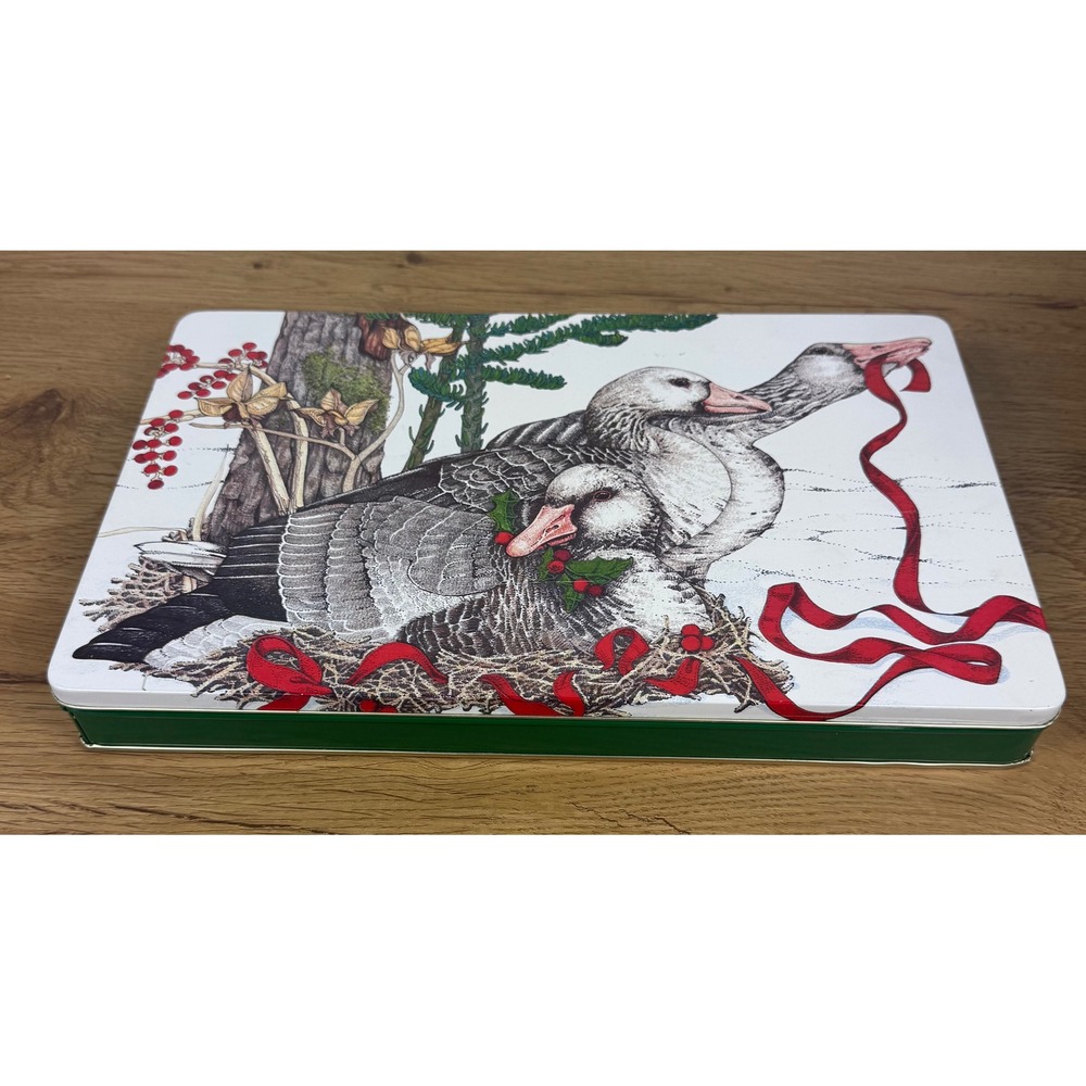 Vintage Christmas Geese Holiday Metal Storage Tin Green White Red 13.5in
